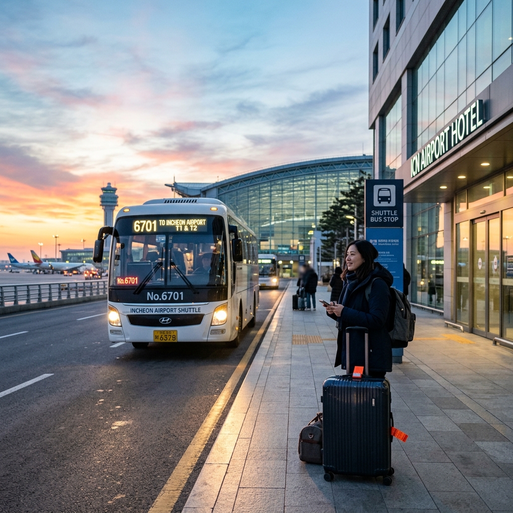 Modern airport hotel exterior near Incheon Airport shuttle stop