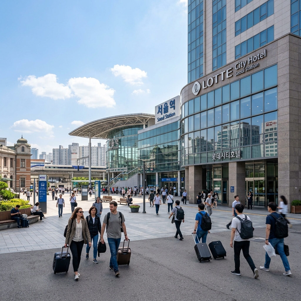 Modern luxury hotel exterior situated near Seoul Station main entrance