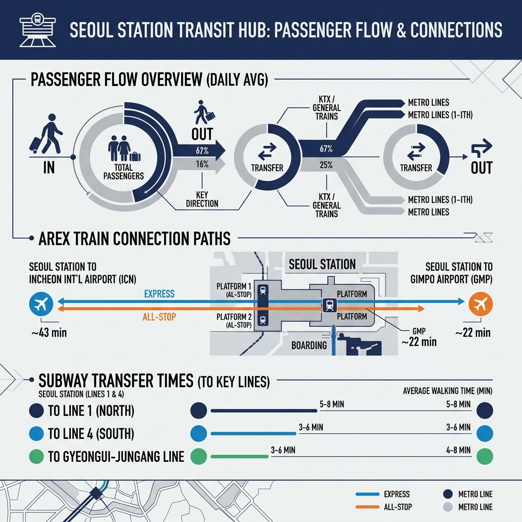 Seoul Station transit flow and AREX transfer time diagram infographic