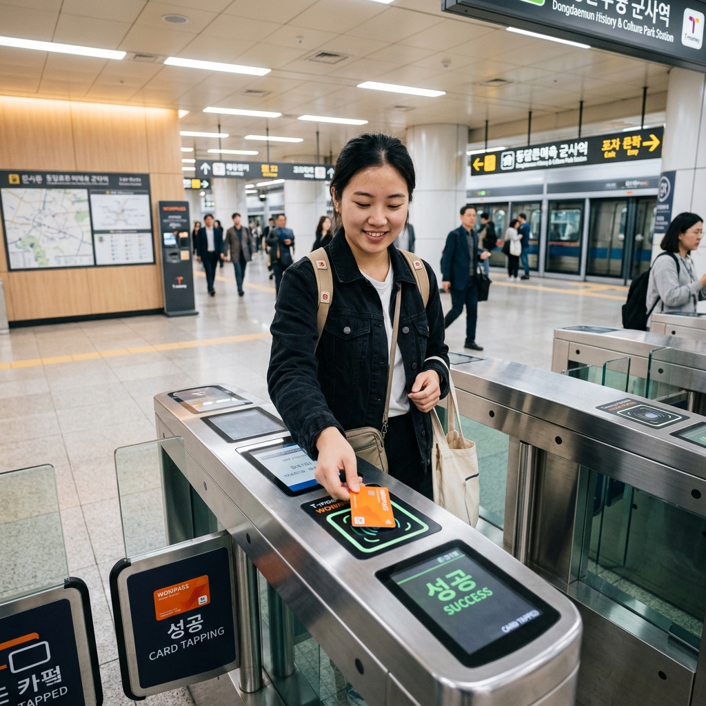 Traveler holding a WOWPASS card at a subway turnstile in Seoul