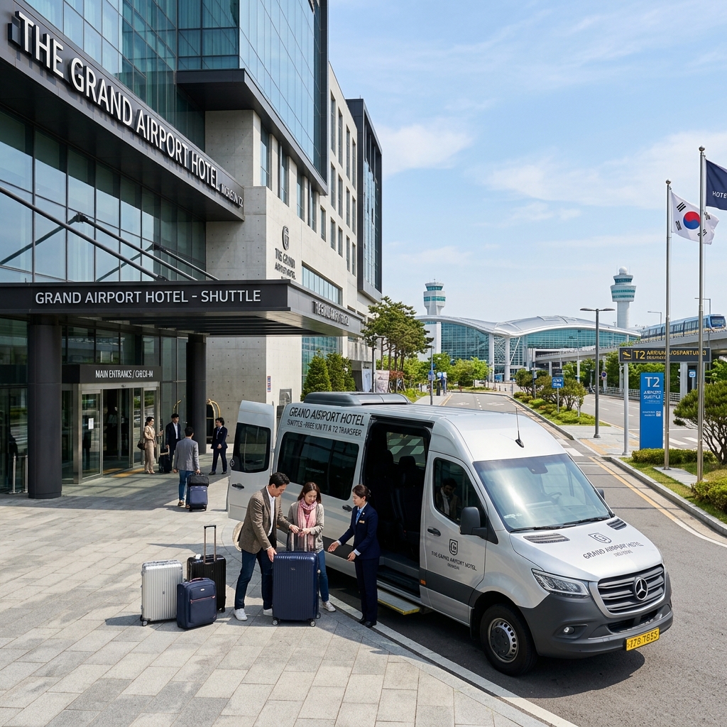 Modern hotel exterior near Incheon Airport Terminal 2 with free shuttle bus