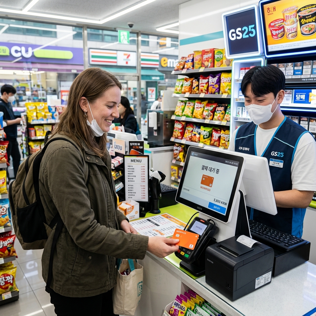 Traveler tapping WOWPASS card at convenience store payment terminal in Seoul