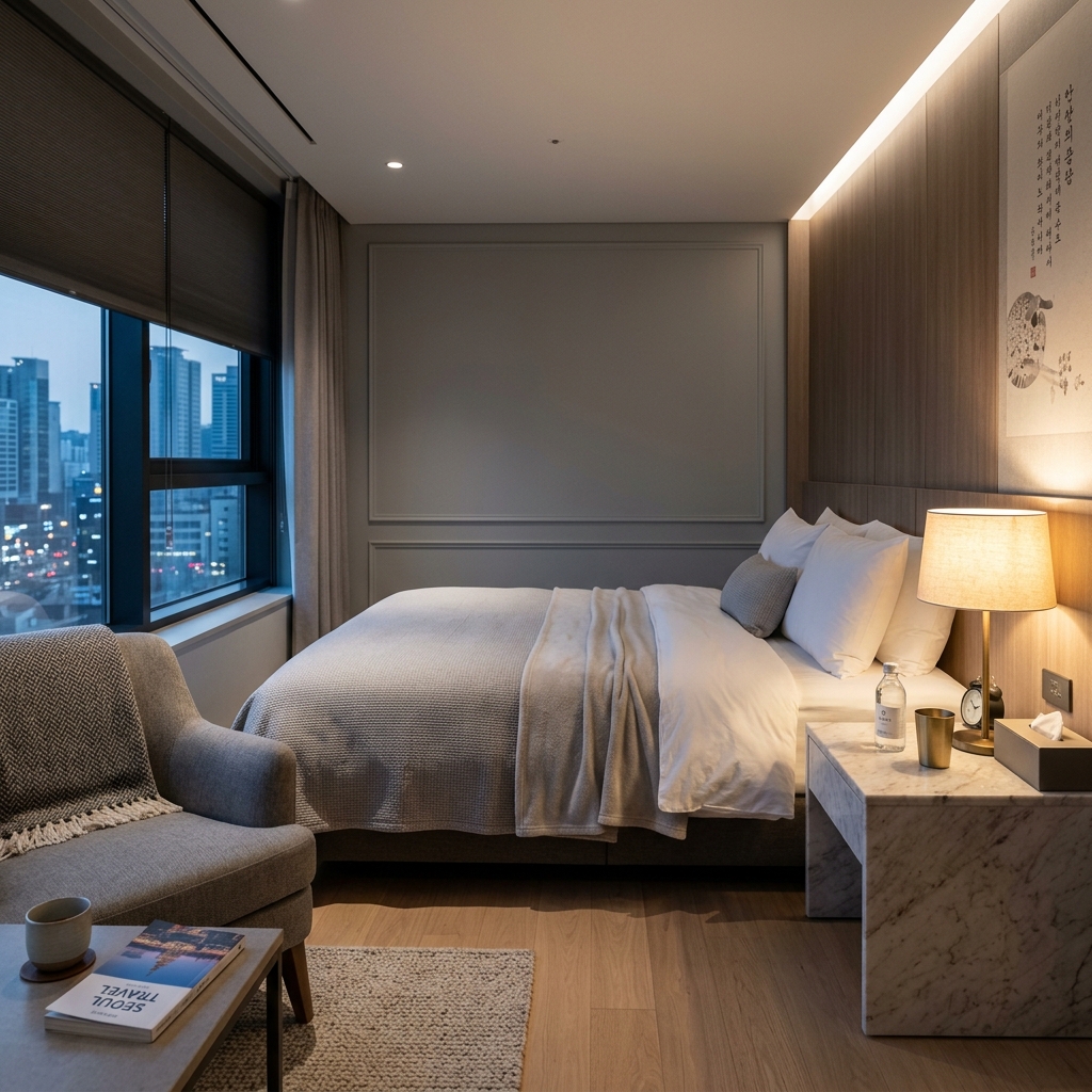 Boutique hotel room interior with warm lighting near Gangnam medical clinic
