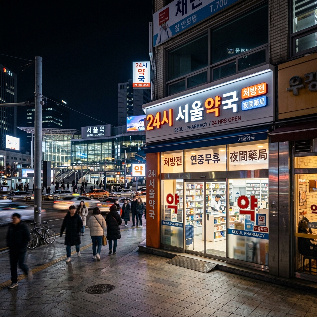 Illuminated 24 hour pharmacy exterior storefront near Seoul Station plaza at night