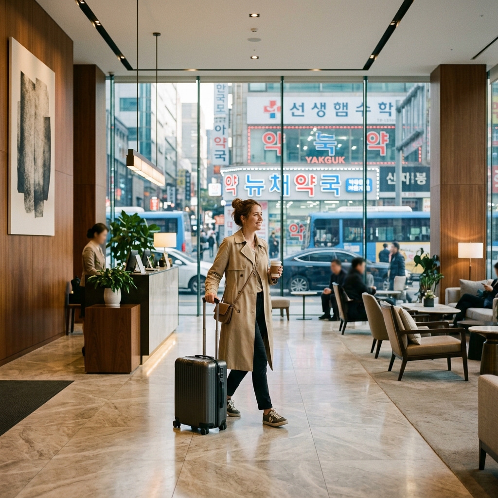 Foreign tourist staying at a Seoul hotel near pharmacies