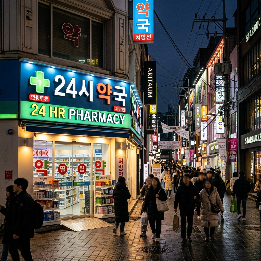 Foreign tourist visiting a Korean pharmacy in Myeongdong at night