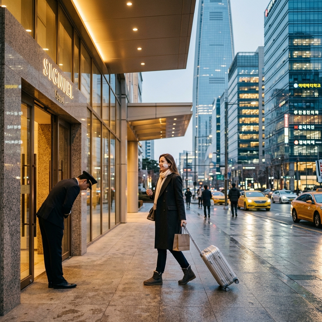 Foreign medical tourist with luggage arriving at an elegant hotel in Gangnam Seoul