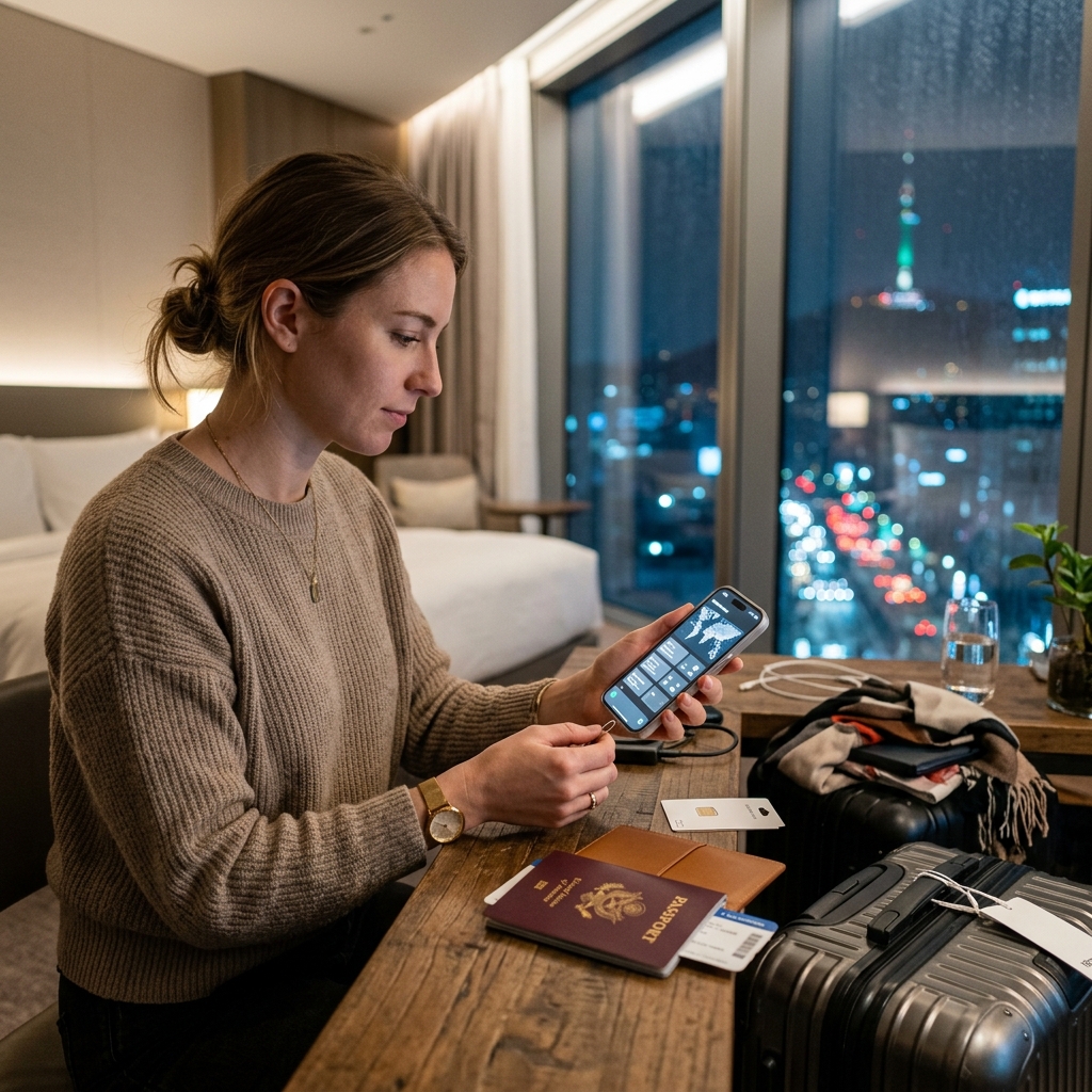 Traveler setting up a Korea eSIM for a medical trip to Seoul