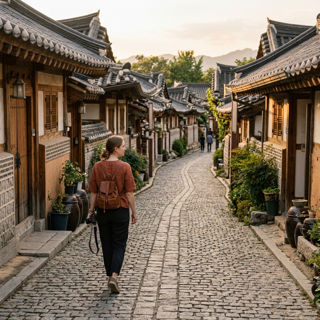 Foreign traveler walking through picturesque traditional alleyways of Jeonju Hanok Village