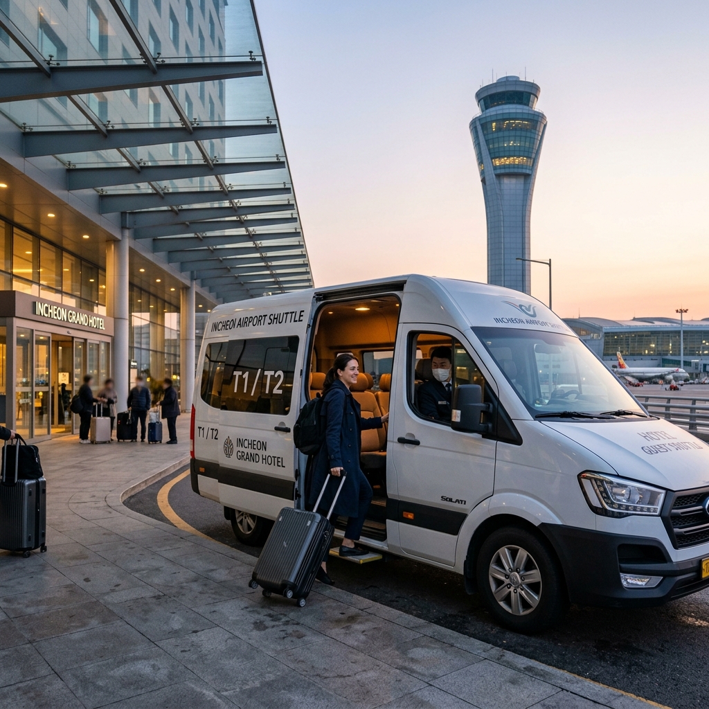 Foreign traveler loading luggage into an airport shuttle outside an Incheon hotel before an early morning flight