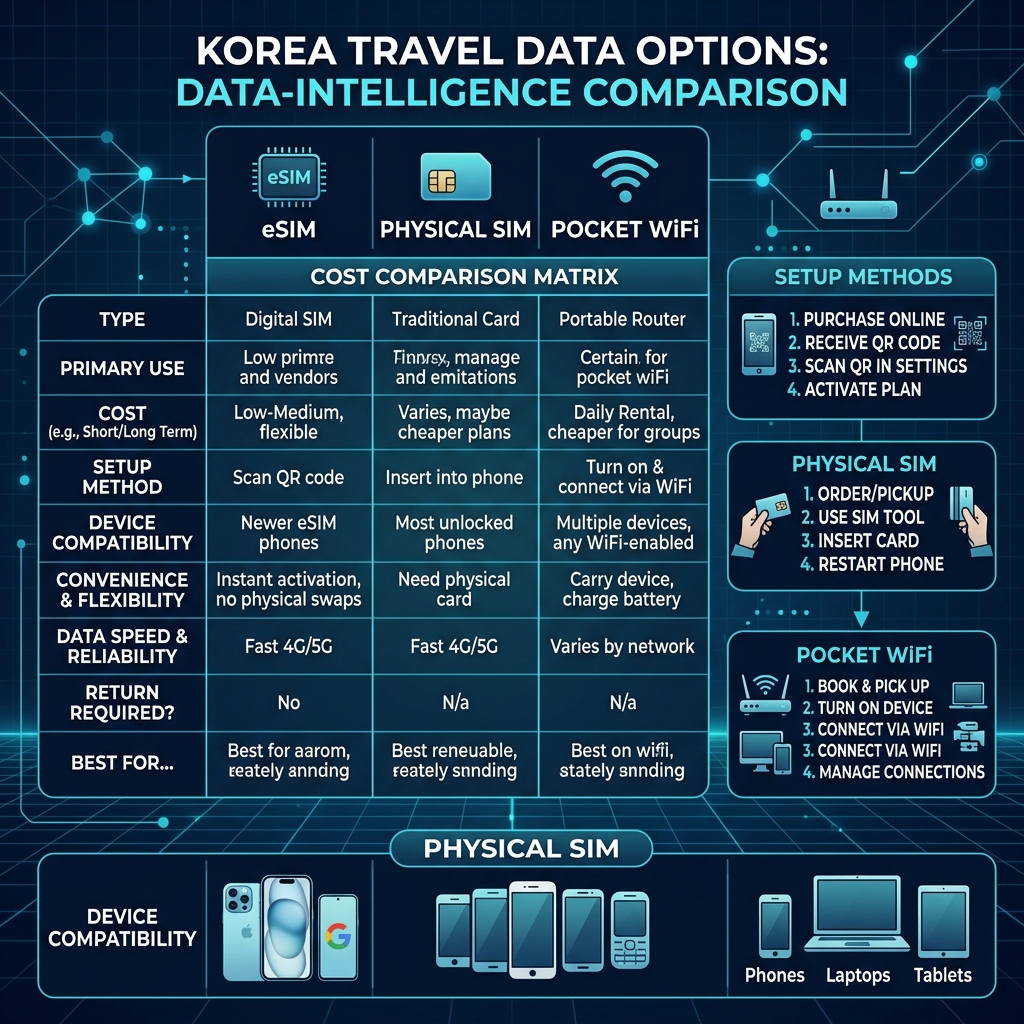 Telecommunications cost comparison data infographic comparing Korea eSIM, physical SIM card, and Pocket WiFi rental costs
