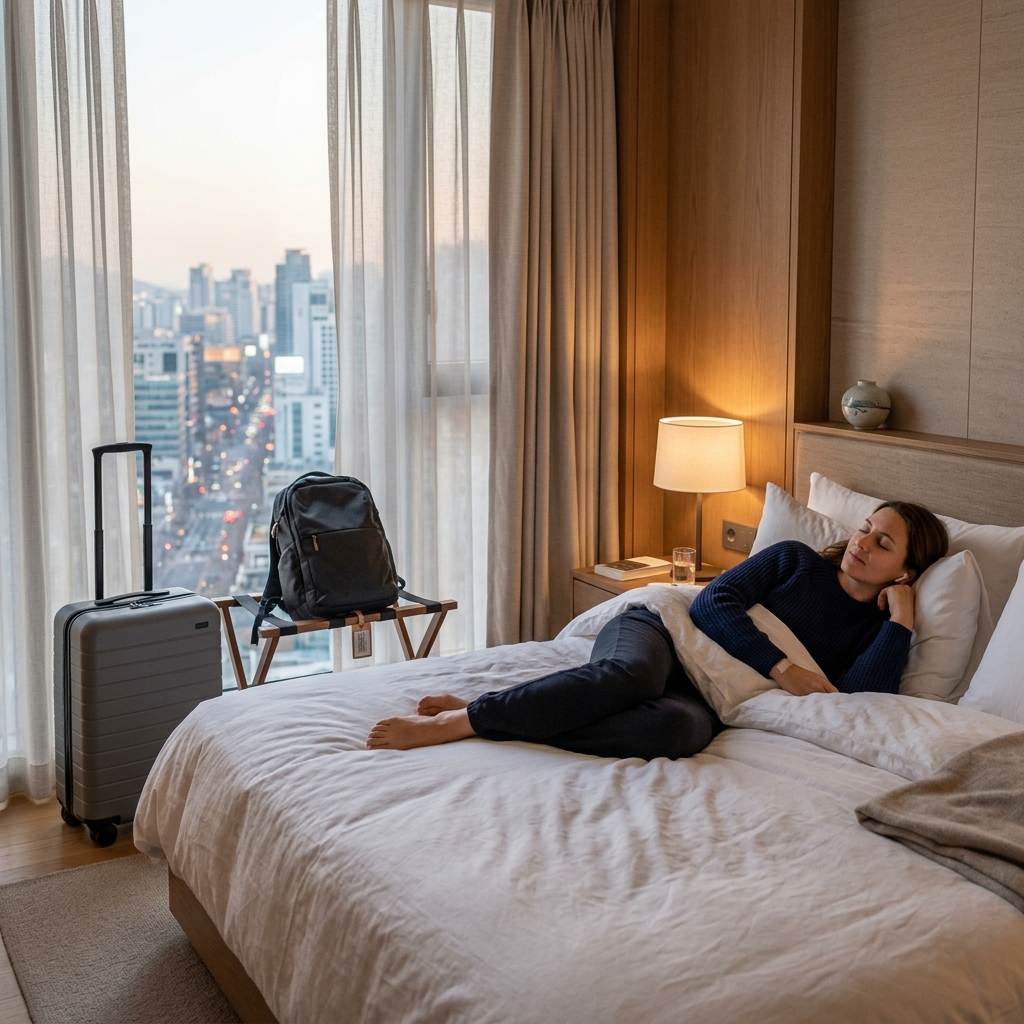 Foreign medical tourist resting in a quiet recovery hotel room in Gangnam Seoul after a skincare clinic appointment