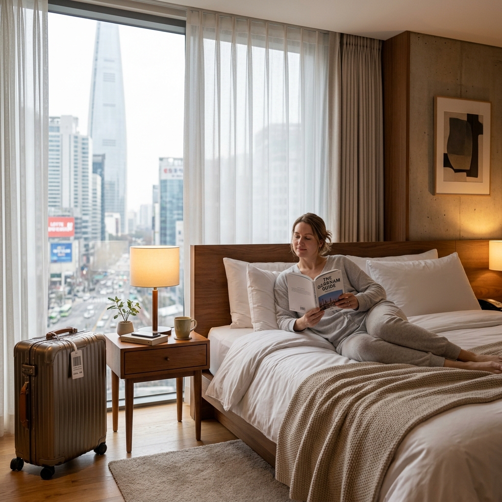 Foreign medical traveler resting in a quiet recovery hotel room in Gangnam Seoul after a clinic appointment