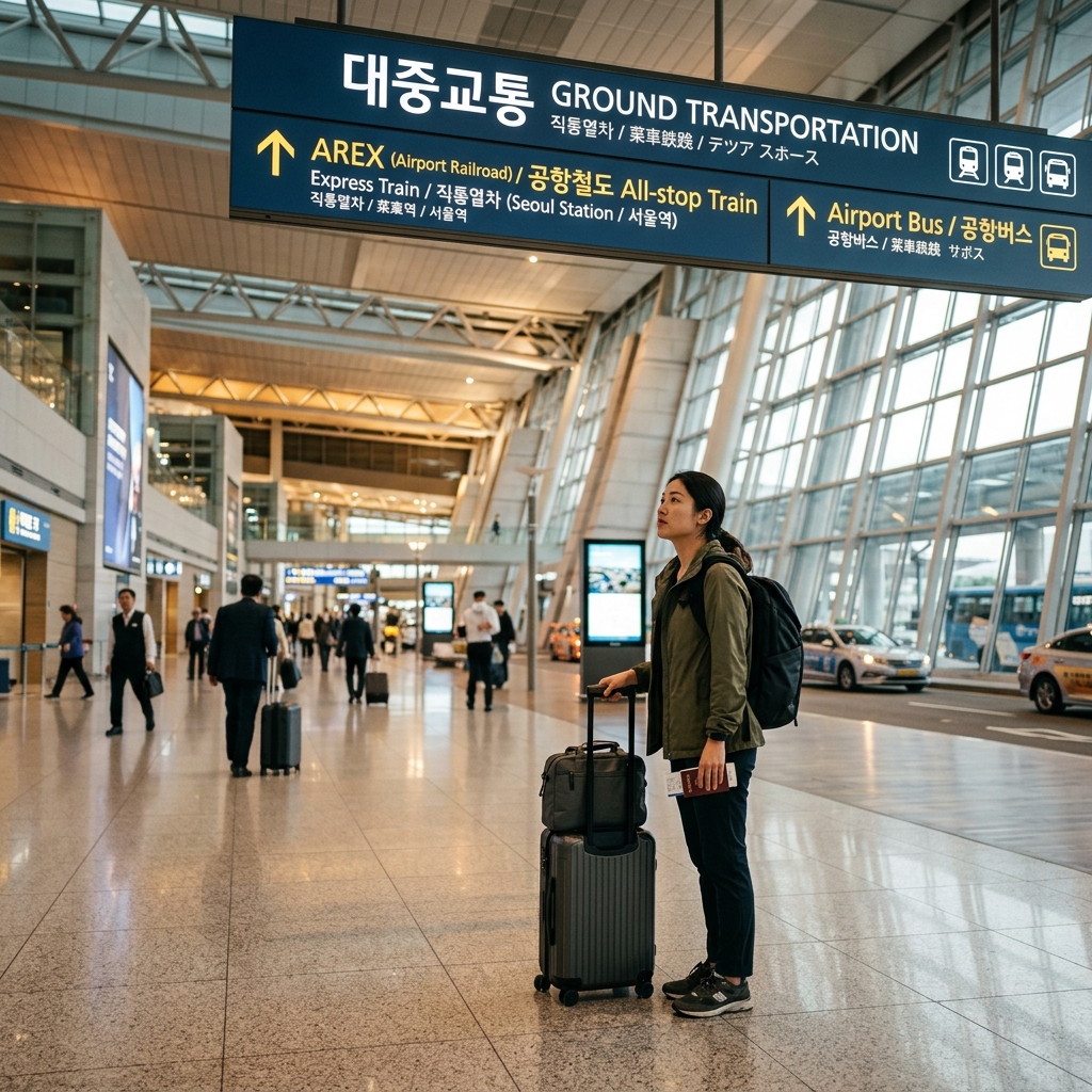 International traveler at Incheon Airport choosing between AREX train, limousine bus, taxi, and private transfer