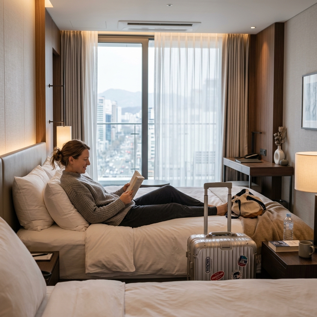Foreign medical traveler resting in a quiet recovery hotel room in Gangnam Seoul after a clinic appointment
