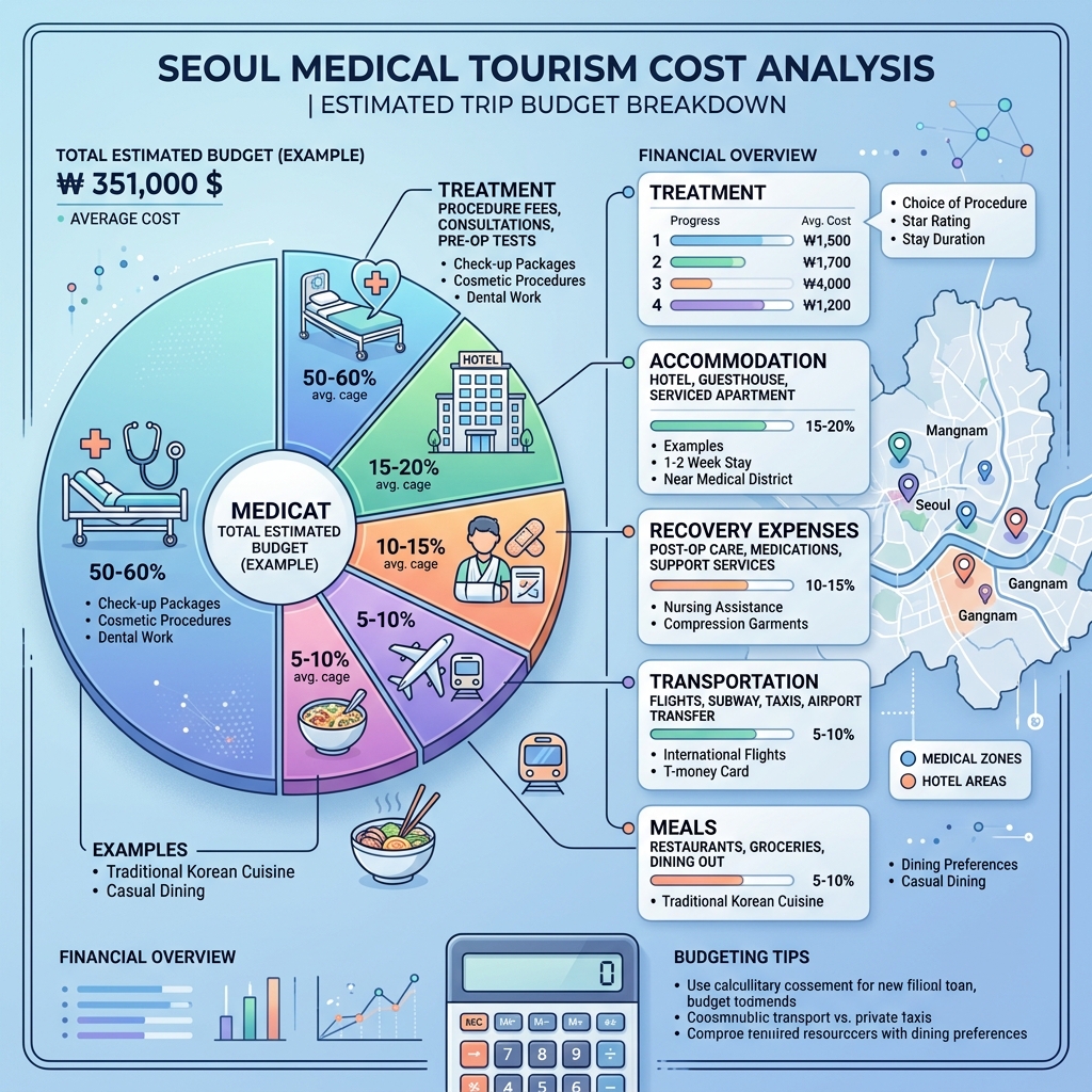 Data-driven medical tourism cost infographic showing Seoul trip budget allocation across treatment, accommodation, and transit
