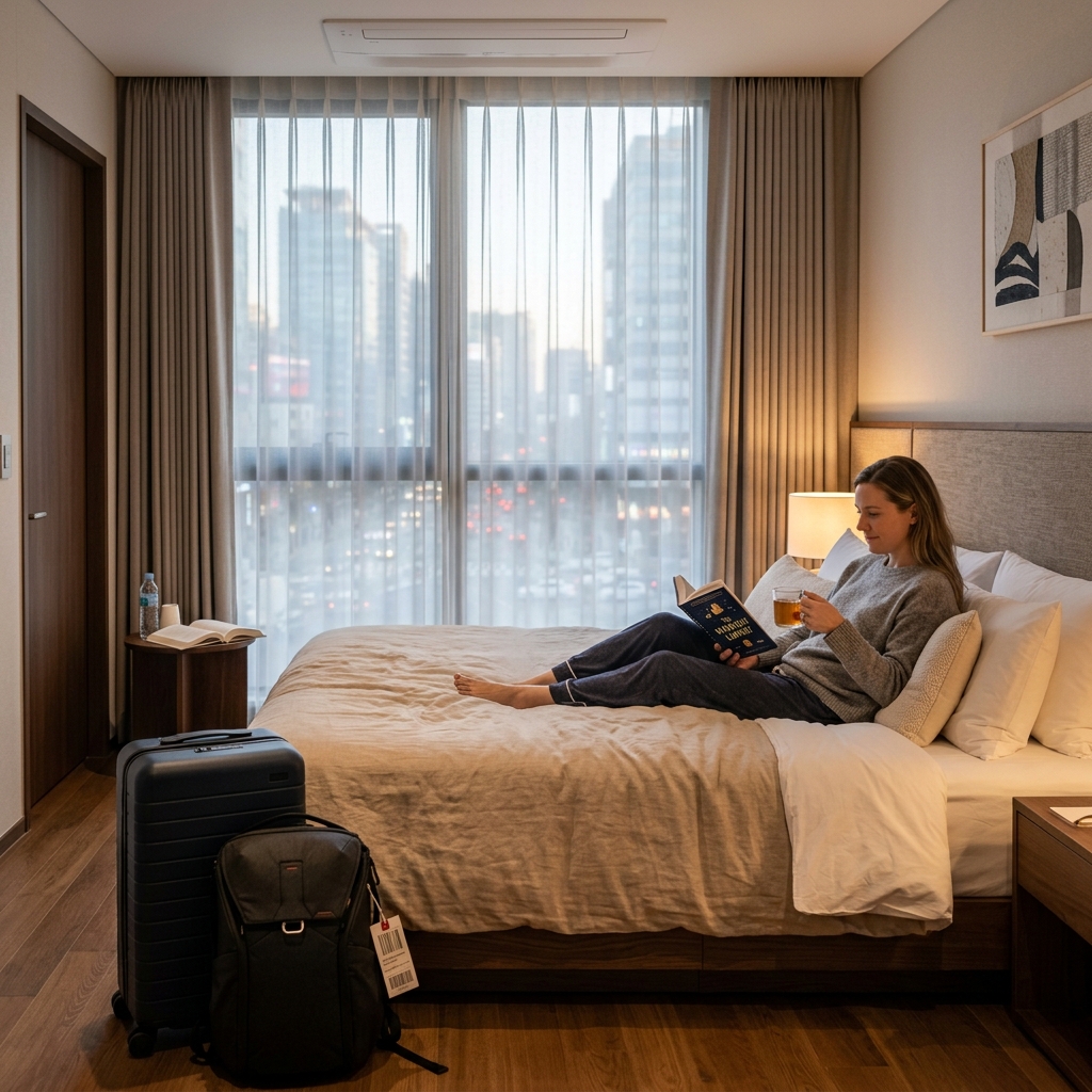 Foreign medical traveler resting in a quiet recovery hotel room in Gangnam Seoul after a clinic appointment