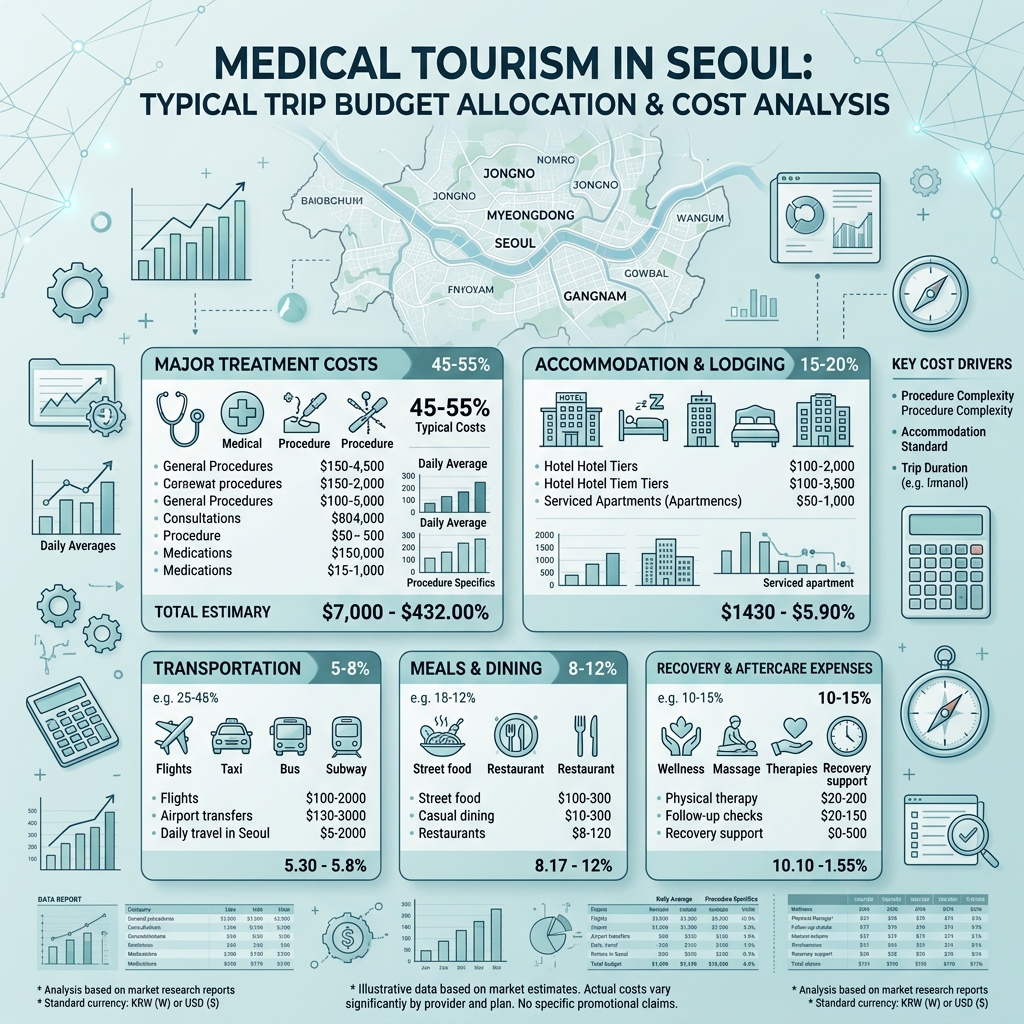 Data-driven medical tourism cost infographic showing Seoul trip budget allocation across treatment, accommodation, and transit