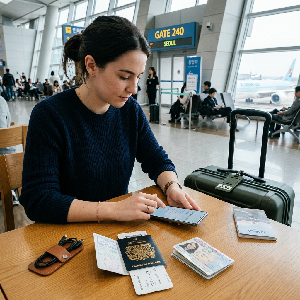 International traveler preparing smartphone with a Korea eSIM before departure at an airport table