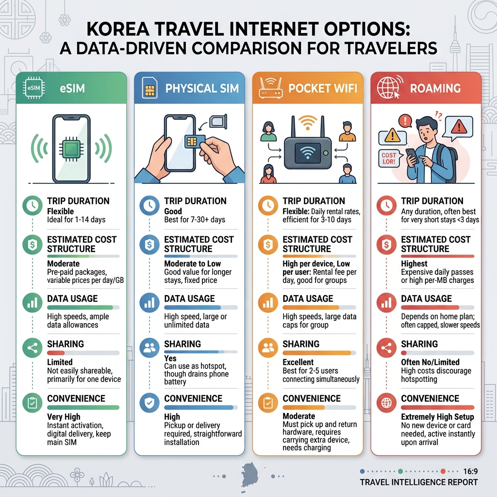 Korea travel internet cost comparison between eSIM SIM pocket WiFi and roaming