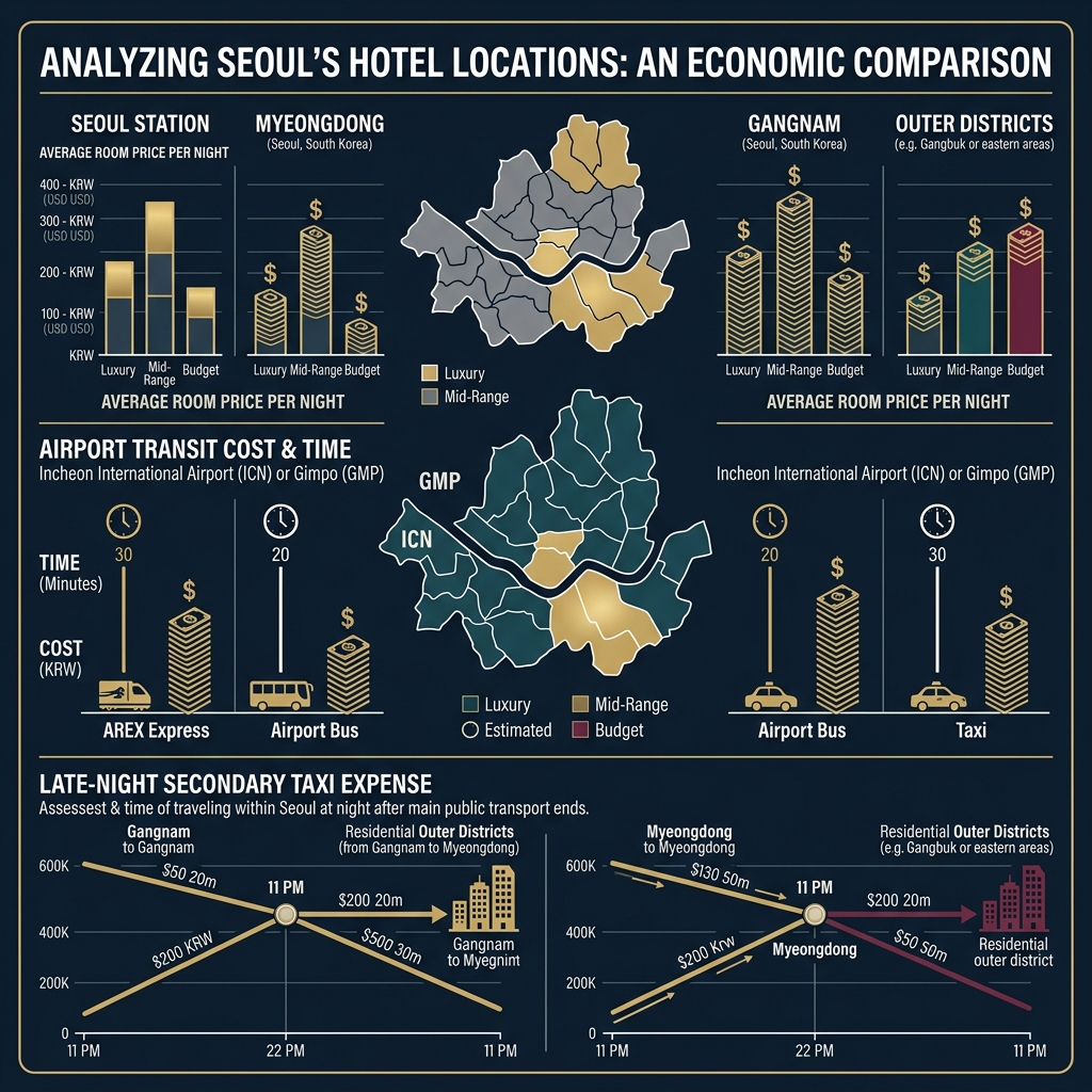 Infographic analyzing hotel room pricing versus transit savings for Seoul Station accommodations