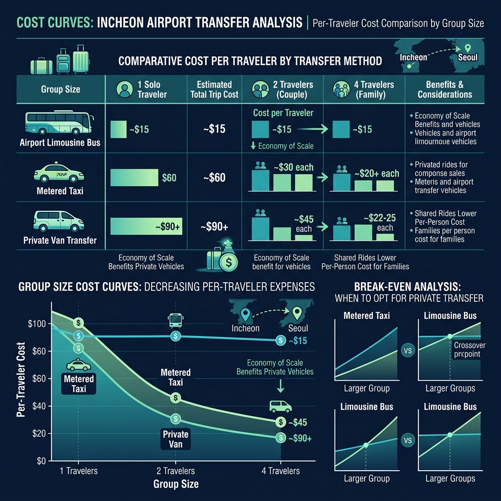 Group size economics chart comparing per-person transfer costs from Incheon Airport across solo, couple, and family travelers