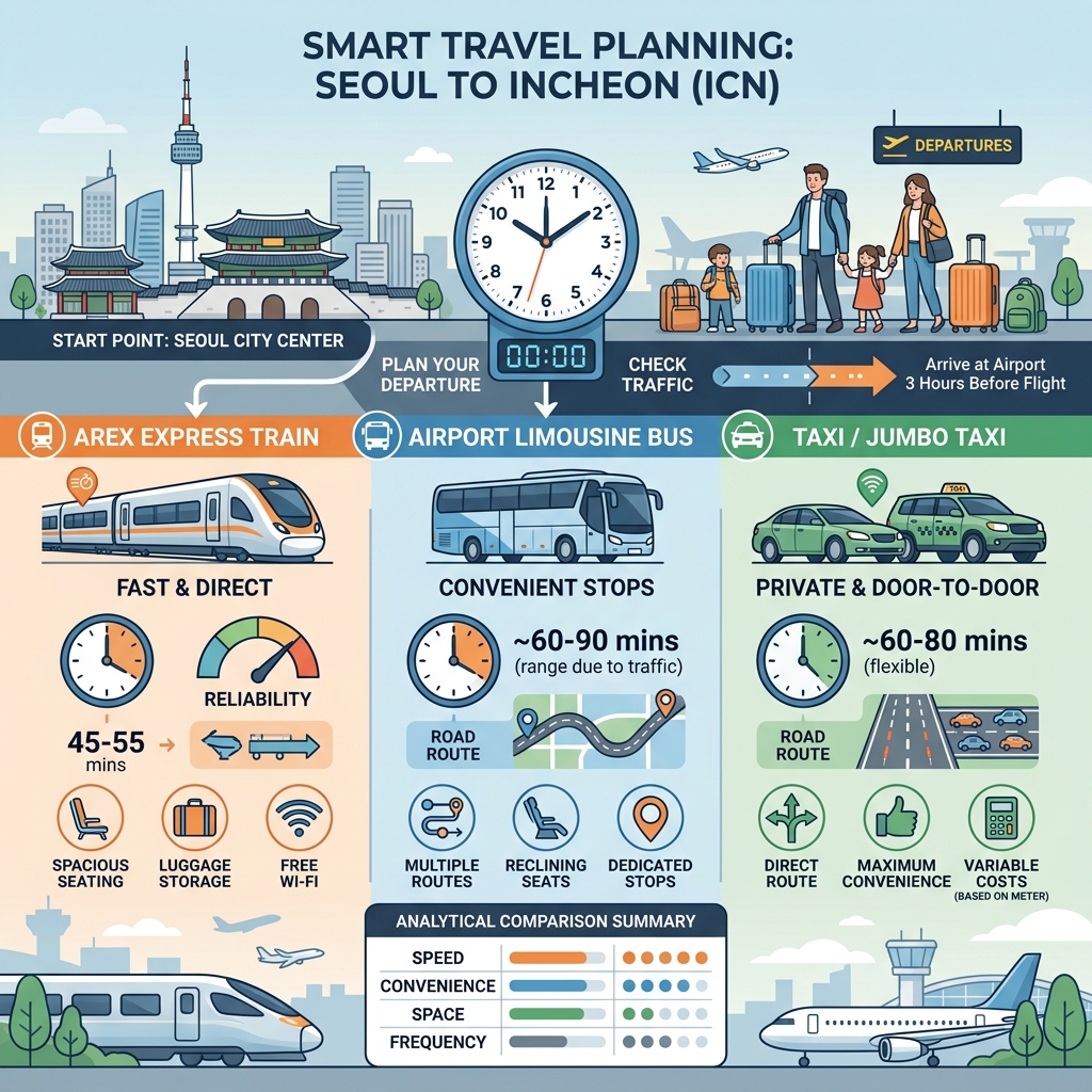 Analytical travel infographic comparing early-morning transportation options and cost considerations from Seoul to Incheon Airport