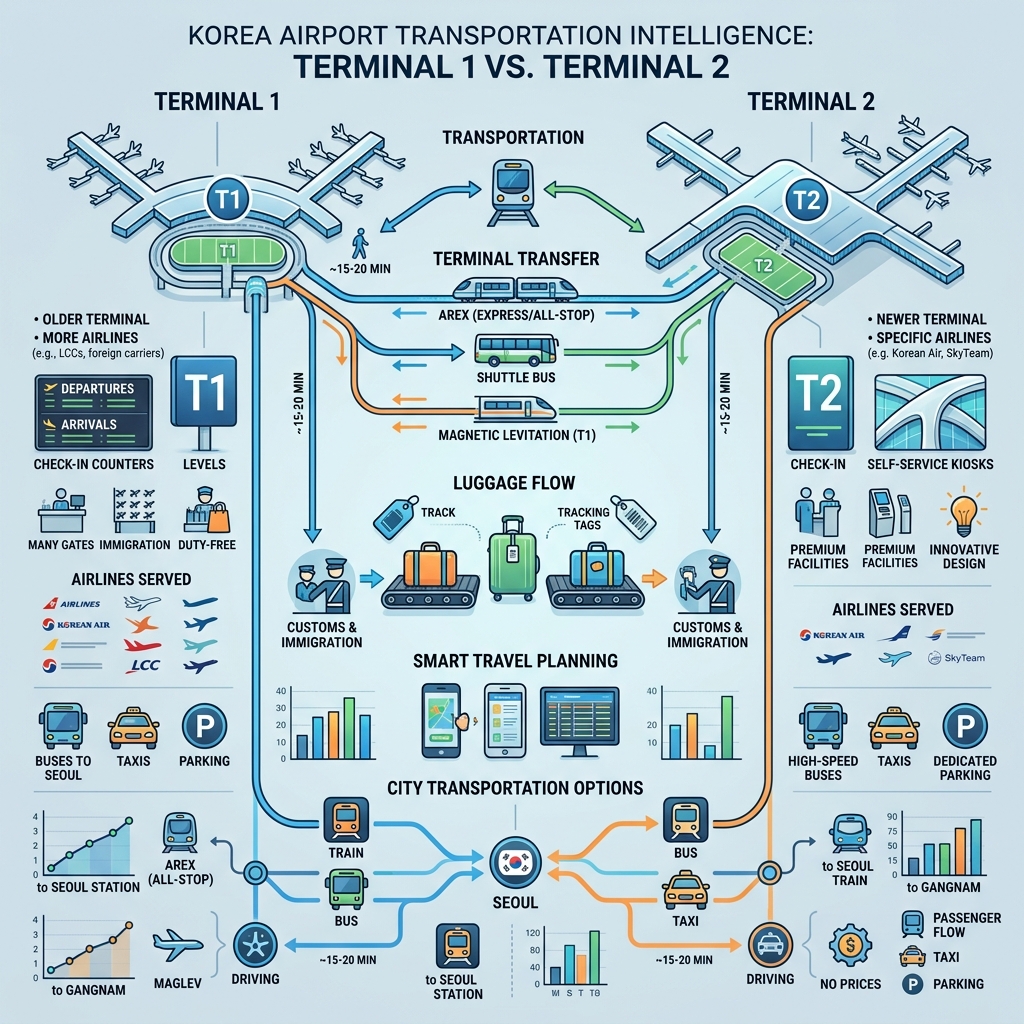 Analytical travel infographic illustrating route lines, travel duration, and transportation planning differences between Incheon Airport Terminal 1 and Terminal 2