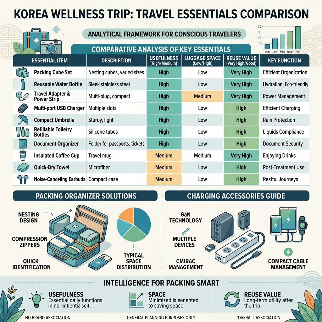Analytical travel gear comparison visual showing compression packing cubes, luggage scales, and document wallets ranked by luggage utility