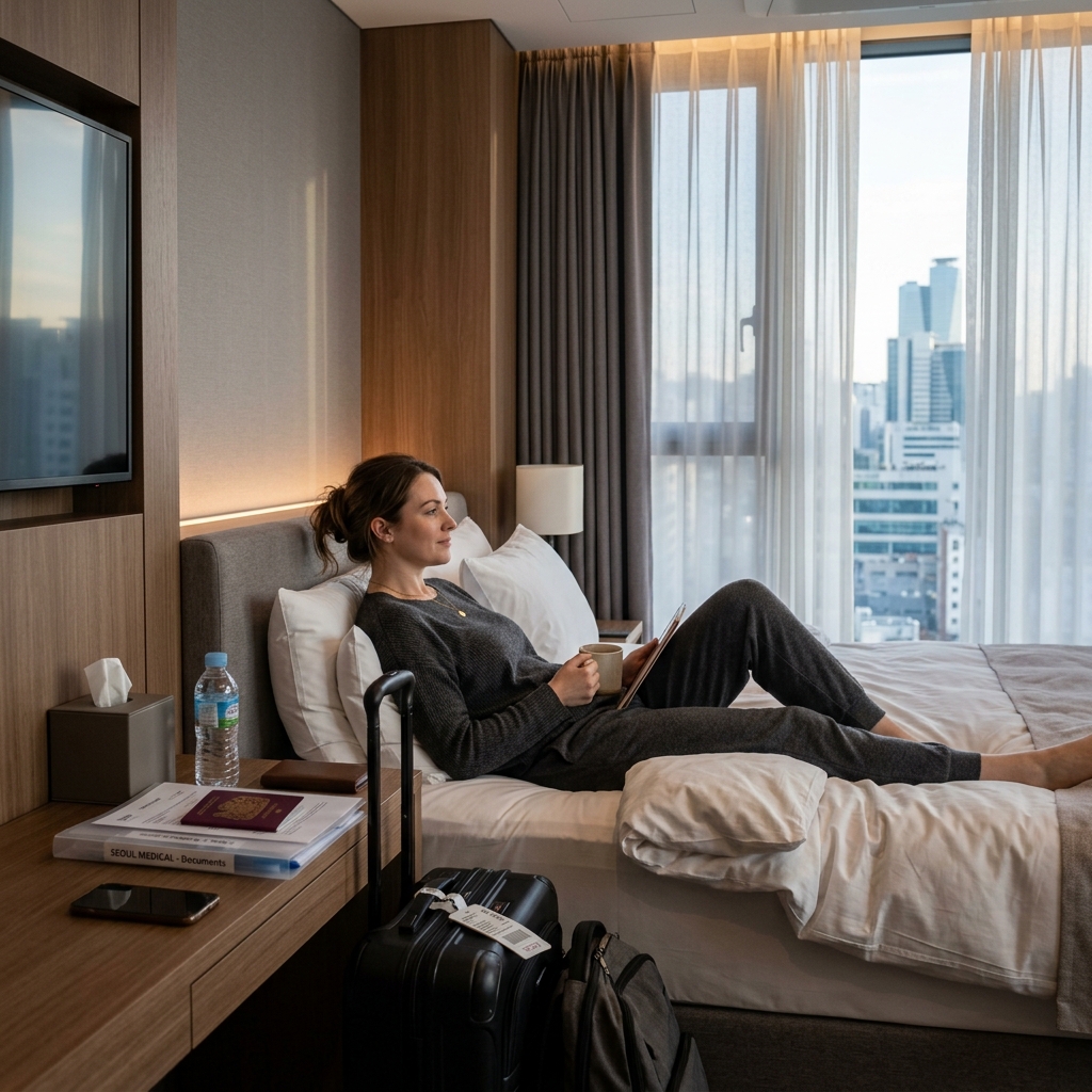 International traveler resting in a modern Seoul hotel room while reviewing clinic recovery information and travel logistics
