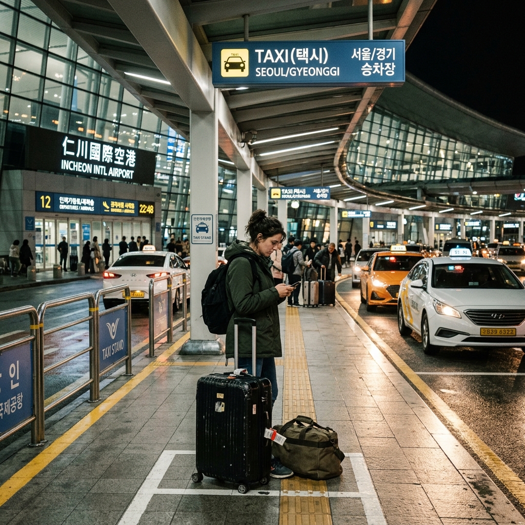 Traveler using an official taxi stand at Incheon Airport late at night