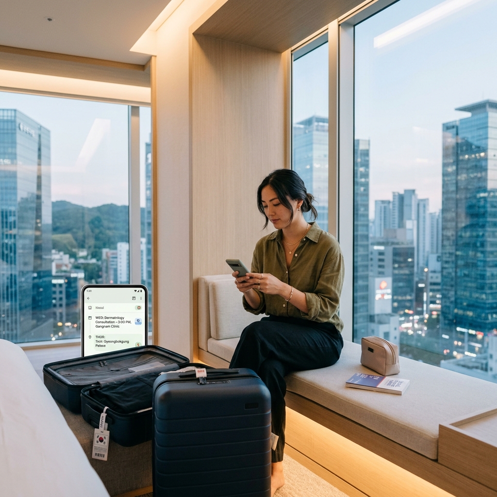 International traveler preparing for a dermatology appointment in Seoul