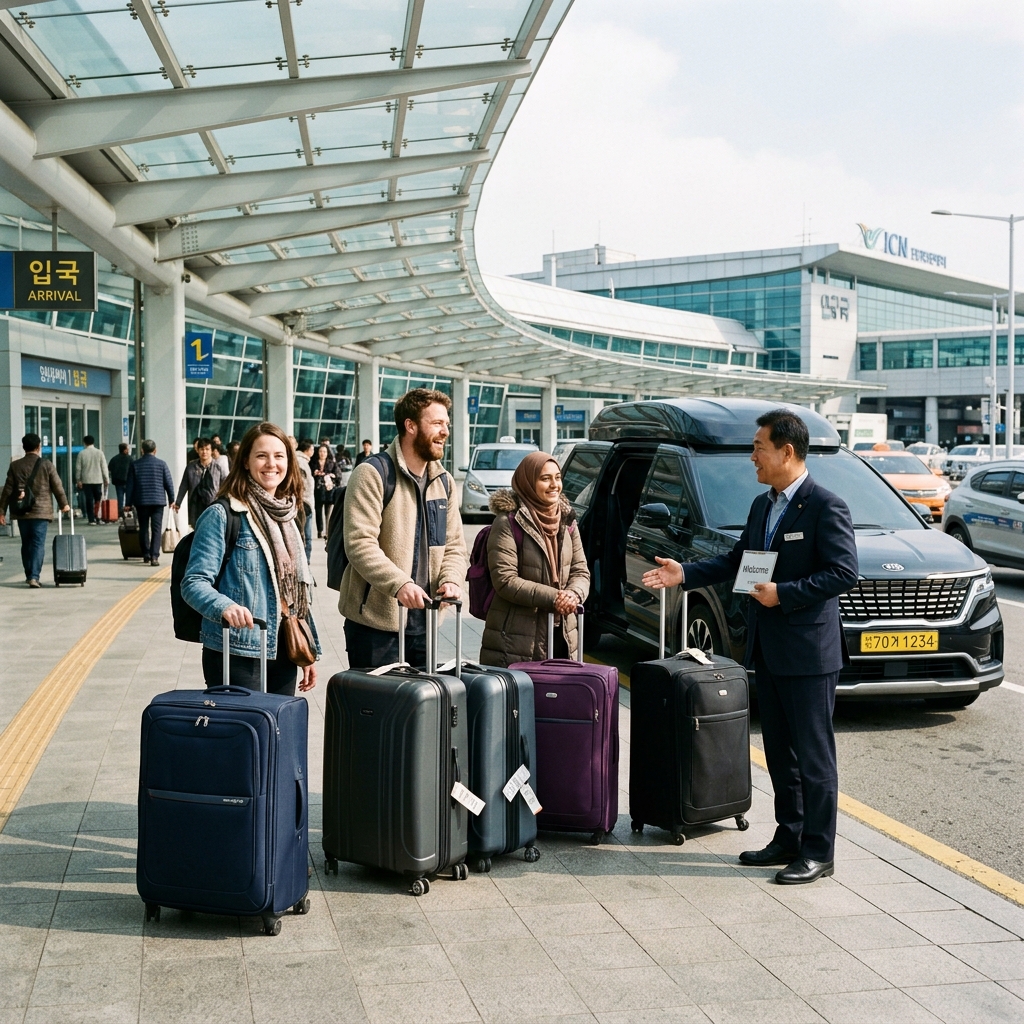 Group travelers with luggage using a private airport transfer in Korea