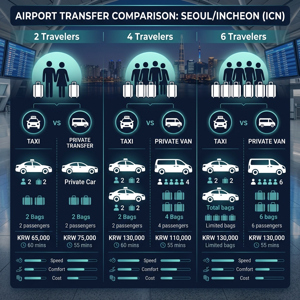Korea airport transfer comparison for different group sizes and luggage