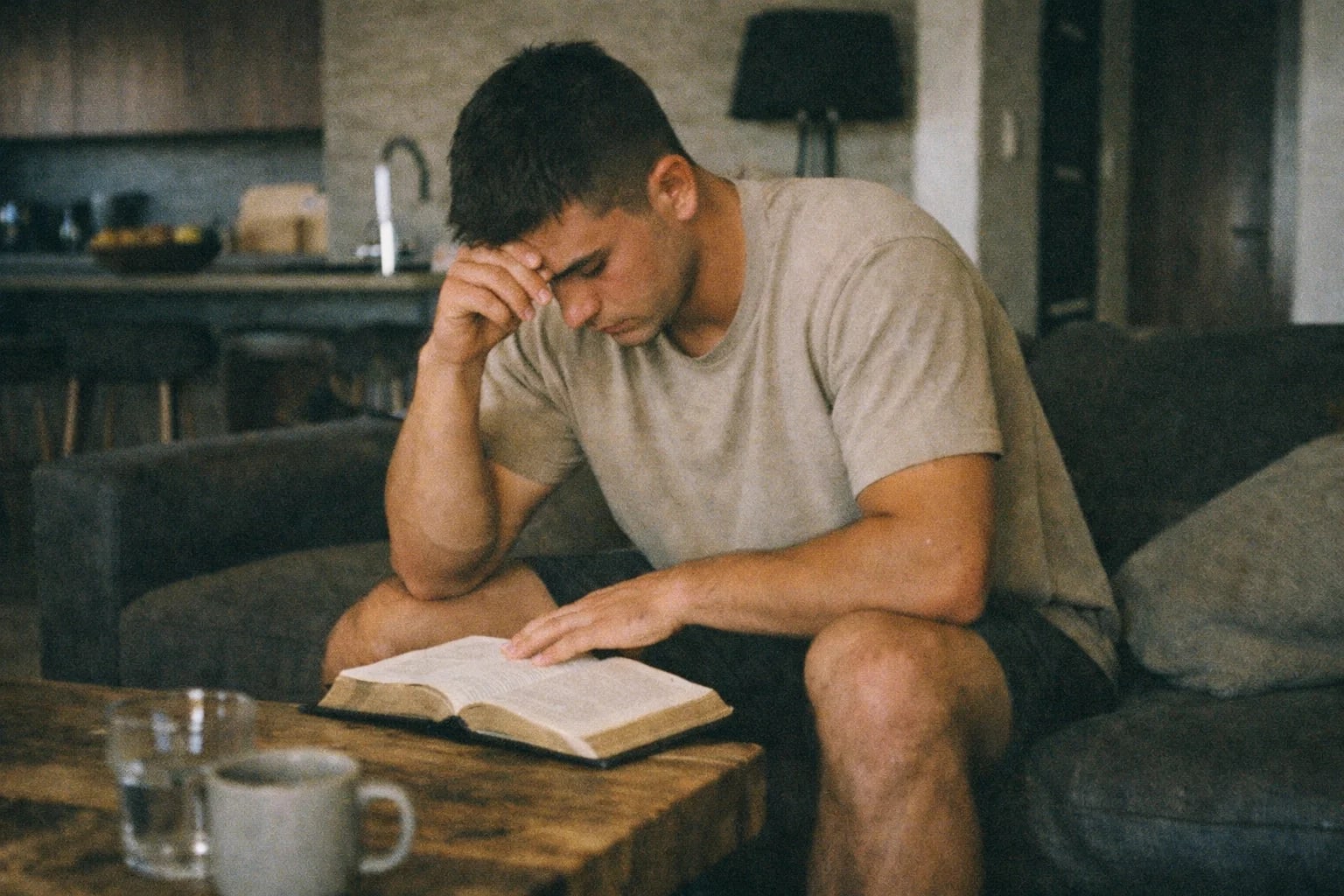 A man reading his Bible with a pensive expression