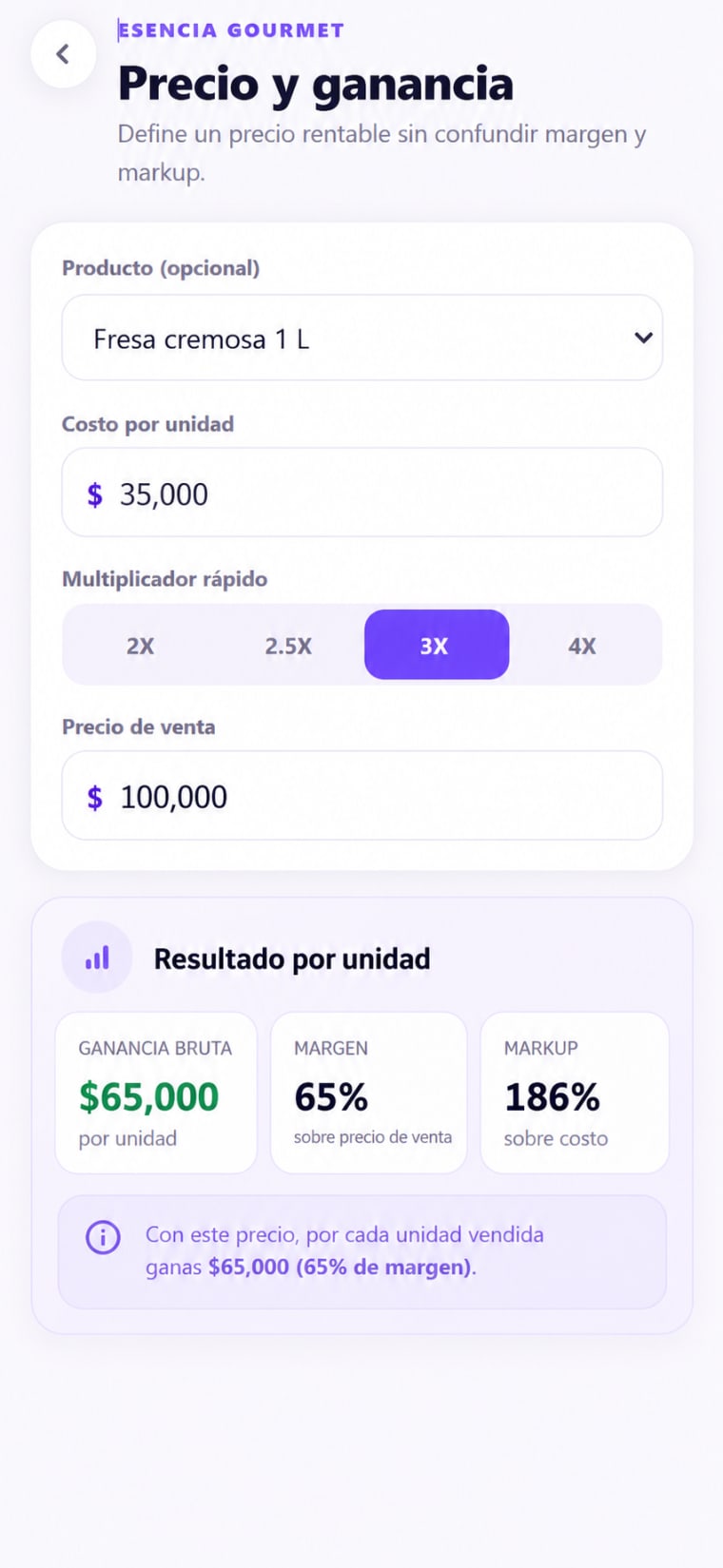 Precio y ganancia en Esencia Gourmet PRO