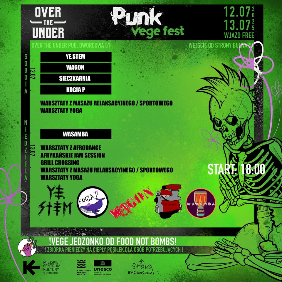 Plakat Punk i Vege - Koncerty, warsztaty, zbiórka na żywność dla potrzebujących - Food Not Bombs