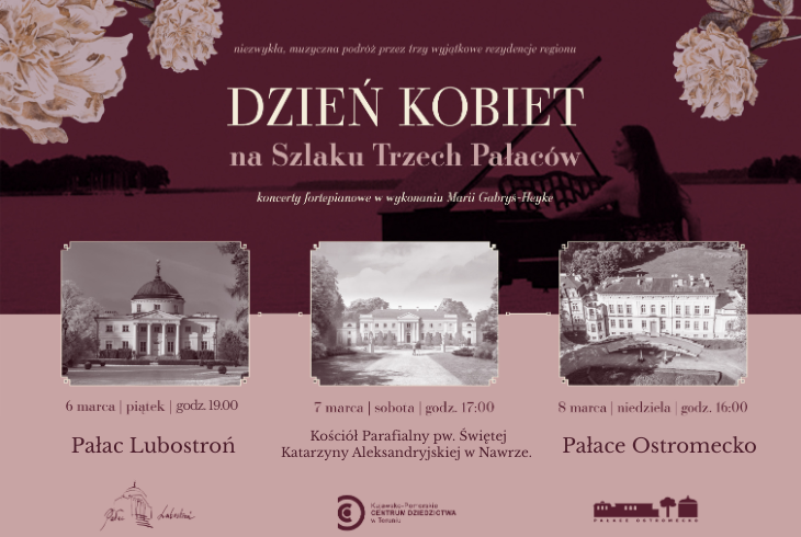 Plakat Dzień Kobiet na Szlaku Trzech Pałaców – trzy koncerty Marii Gabryś-Heyke