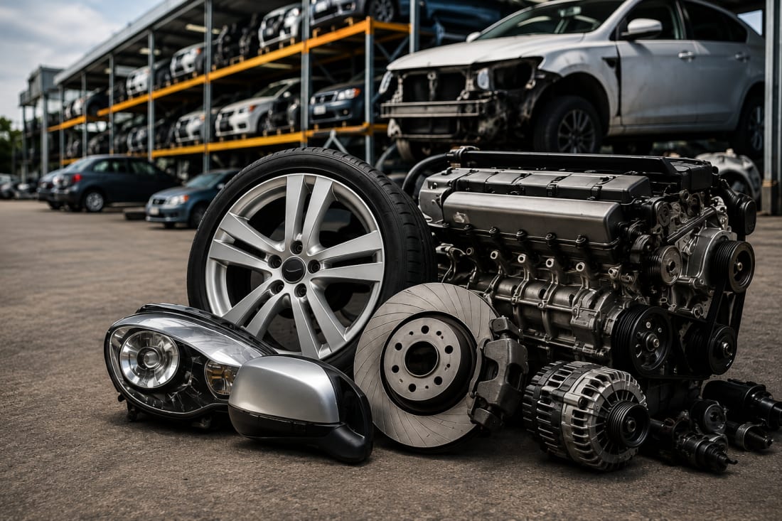 Used automotive parts at an Australian wrecking yard: alloy wheel, engine, brake rotor, headlight and alternator