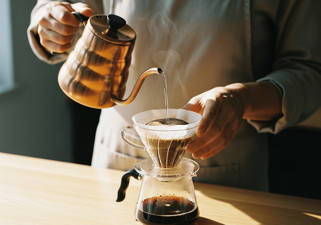A person carefully pouring water over freshly ground coffee in a pour-over setup, natural light, minimalist style