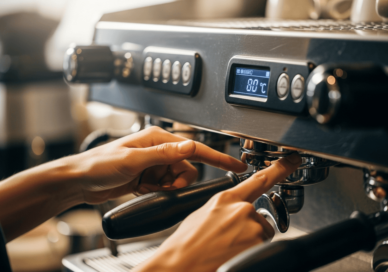 Barista justiert Temperatur der Espressomaschine