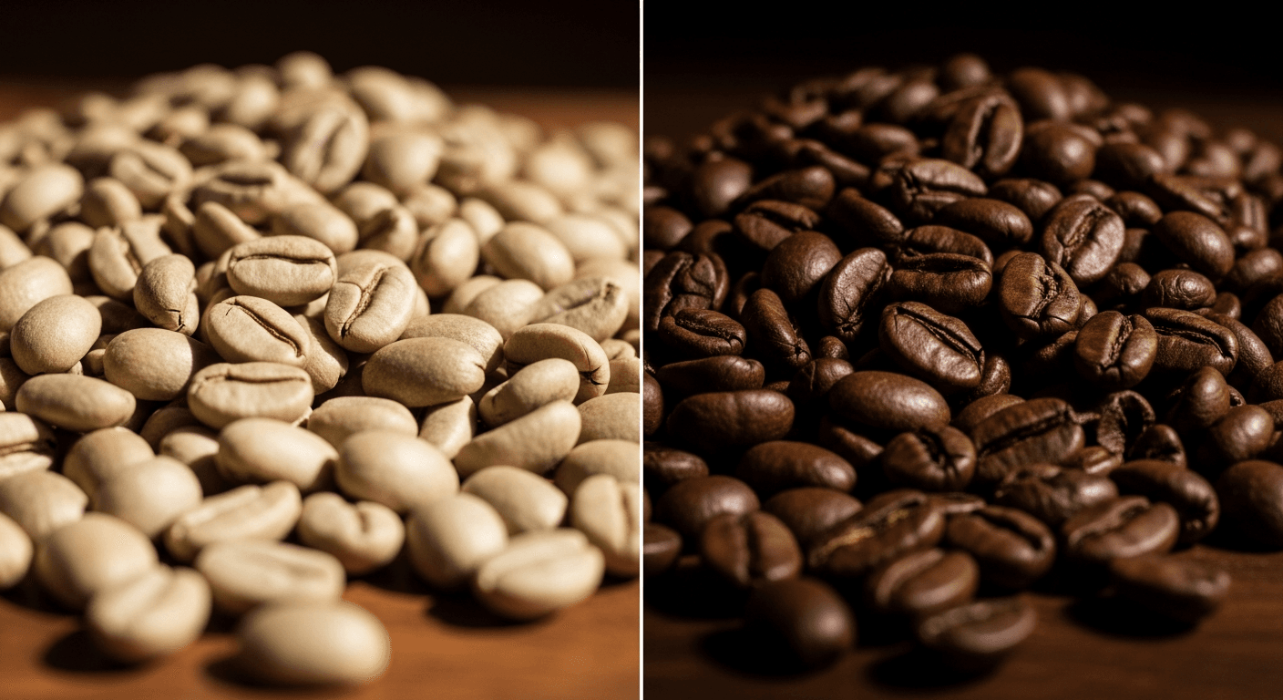 A split image showing light roast coffee beans on one side and dark roast coffee beans on the other, dramatic lighting