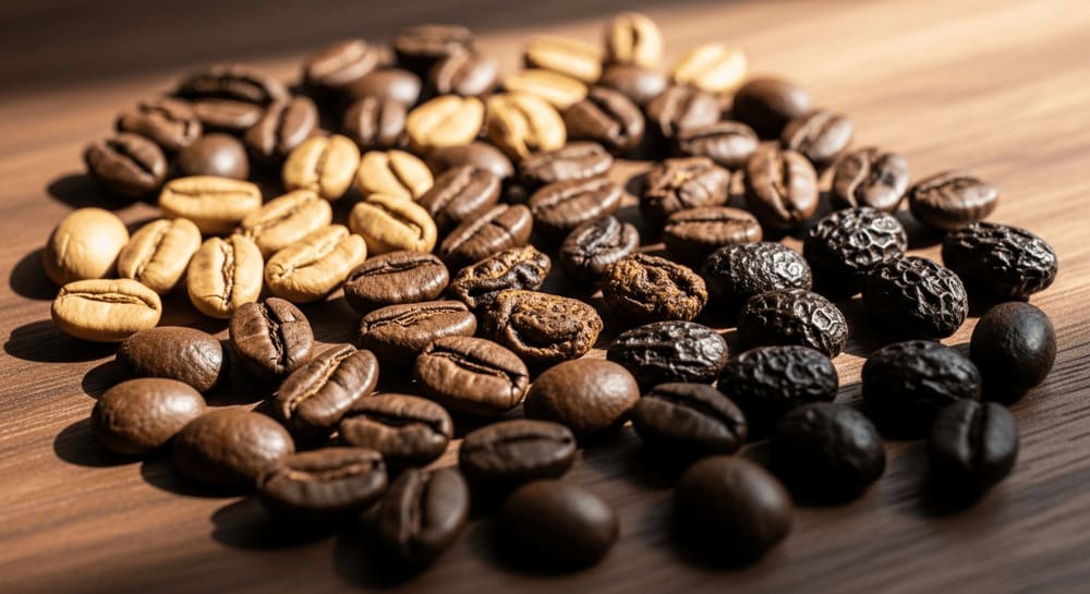 Overhead shot of various coffee beans with different roast levels and textures, arranged on a wooden surface, soft window light