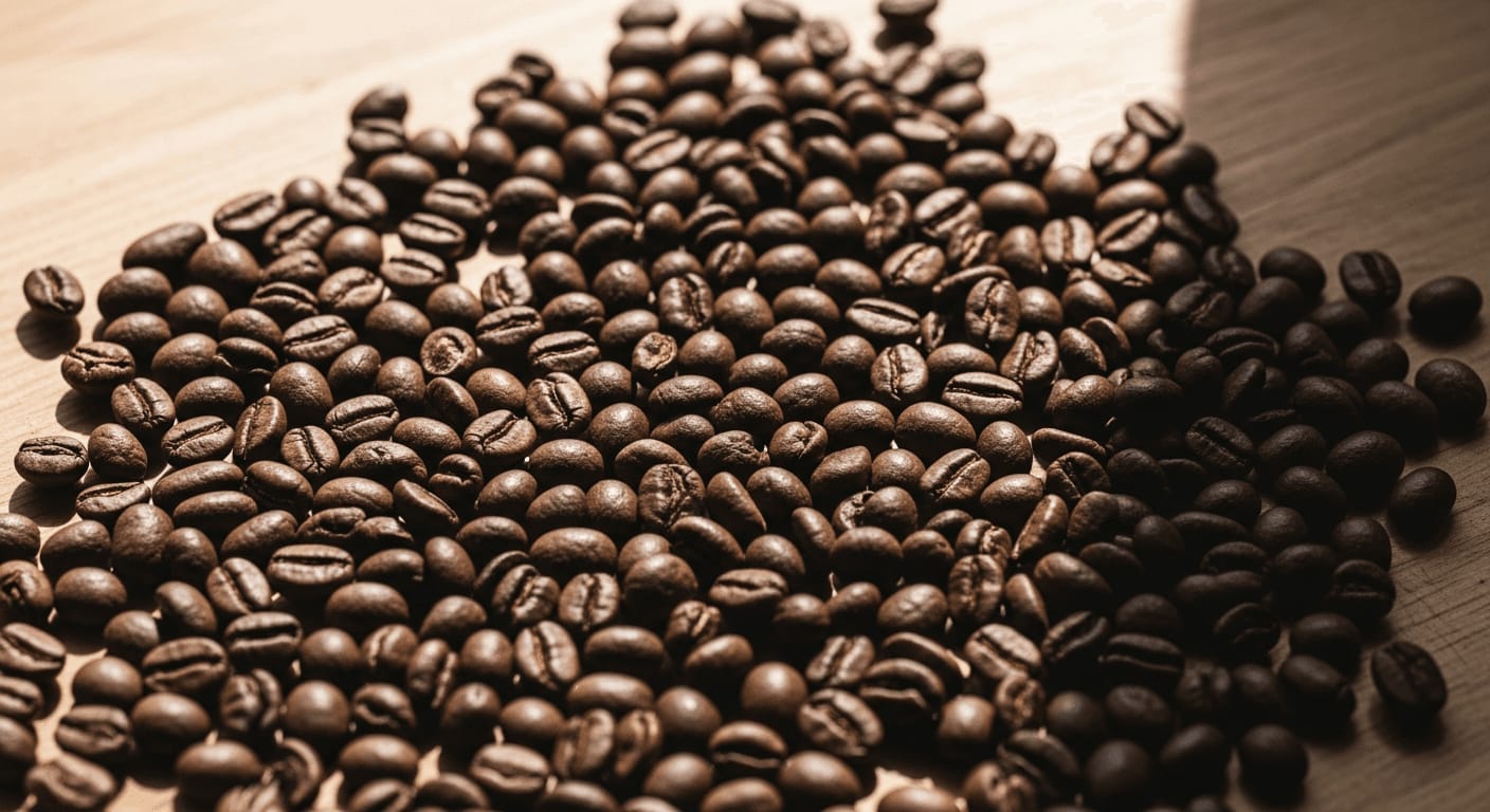 Overhead shot of various coffee beans with different roast levels and textures, arranged on a wooden surface, soft window light