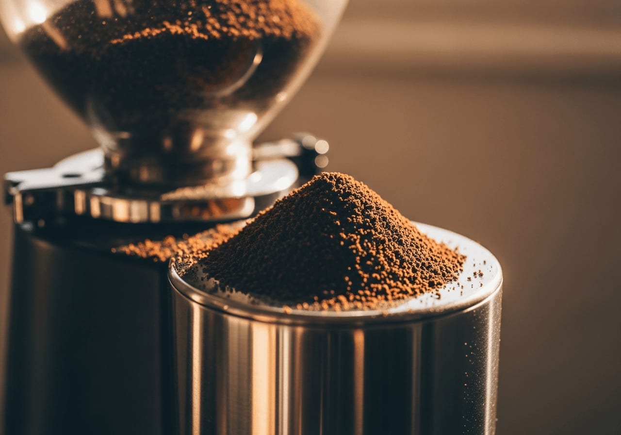 Close up of a coffee grinder with freshly ground coffee, showing the texture and consistency of the grind, warm light
