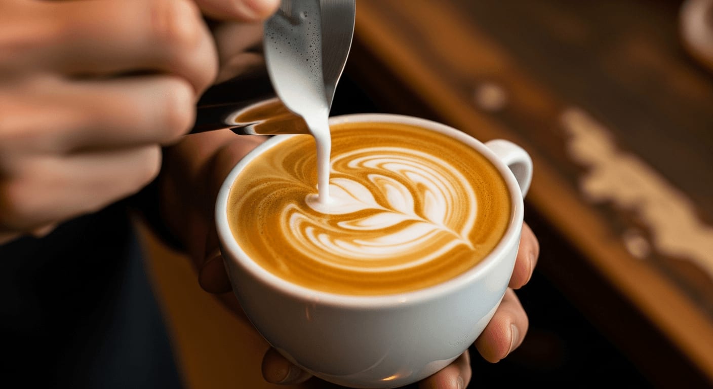 Close-up of a barista pouring latte art into a cappuccino with oat milk, showcasing a delicate rosetta pattern, warm cafe atmosphere