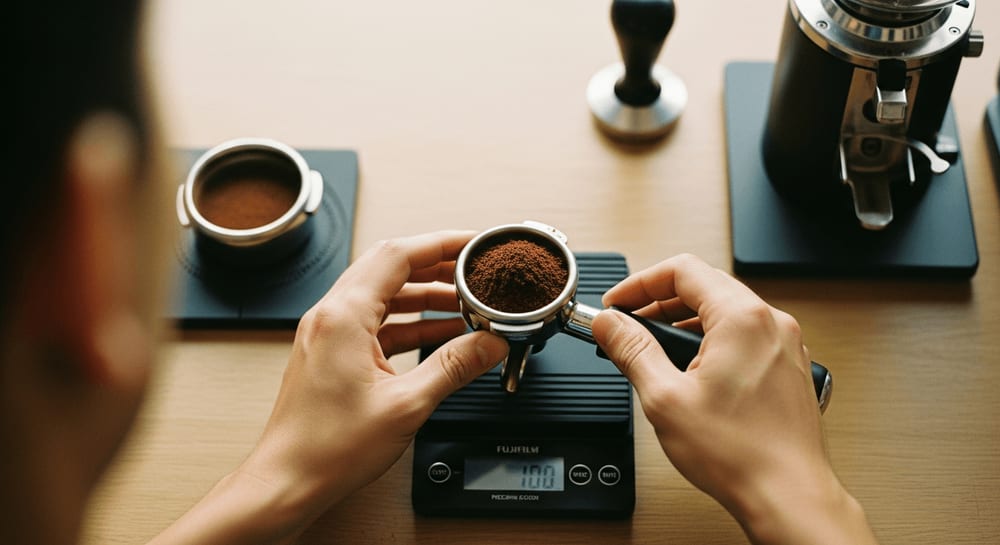 Barista weighing coffee grounds