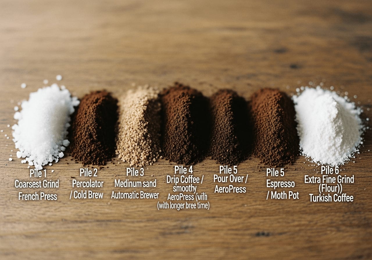 Visual comparison of different coffee grind sizes, from coarse to fine, with labels indicating the brewing method suitable for each grind