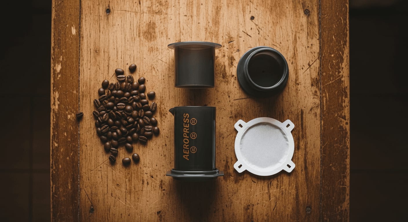 Top-down shot of an AeroPress coffee maker disassembled on a wooden table next to freshly roasted coffee beans, cinematic lighting