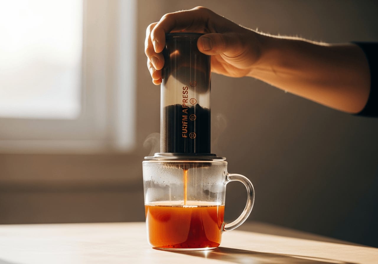 Hand using an AeroPress coffee maker to press hot water through ground coffee beans into a clear glass mug, natural light
